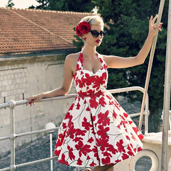 Red Floral Dress Floral Vintage Dress Summer Dress Rockabilly Dress Pin Up Dress 50s Retro Dress Swing Party Dress Floral Bridesmaid Dress