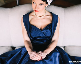 Navy Blue Satin Dress Navy Dress Vintage Dress Navy Bridesmaid Dress Navy Prom Dress Cocktail Navy Dress Evening Dress 50s Dress Swing Dress