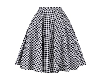 Vintage 1950s Skirt Gingham Navy and White Circle Skirt With Ruffle XS 25 Waist