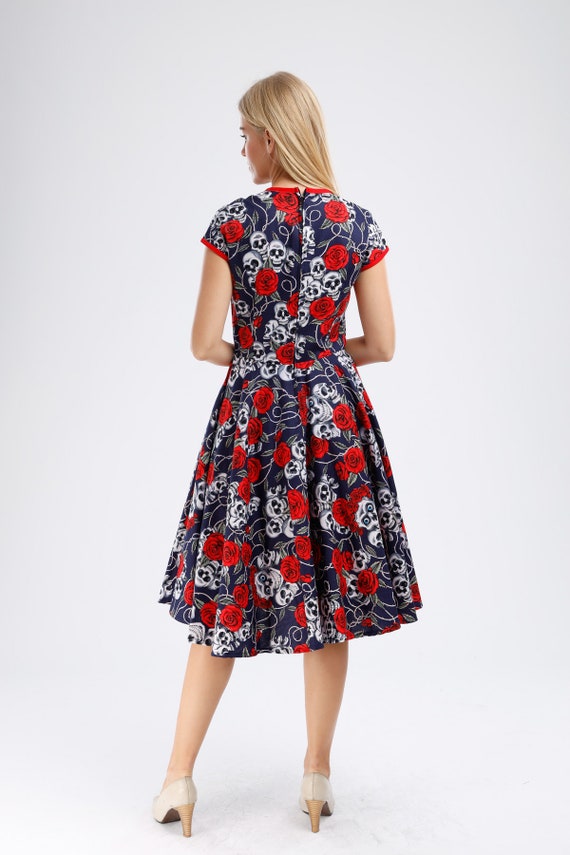 1950s Circle Skirt Skulls And Roses All Sizes Rockabilly Pin Up Goth Dress 2