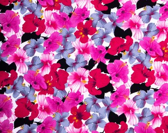 Tissu en coton à hibiscus rose – Imprimé floral tropical hawaïen, au mètre