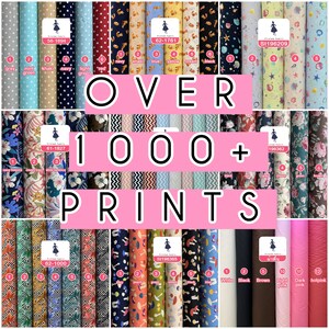 May include: A display of fabric rolls with various patterns and colors, including polka dots, floral, and geometric designs. The text "OVER 1000+ PRINTS" is prominently displayed, showcasing a wide selection of textiles.