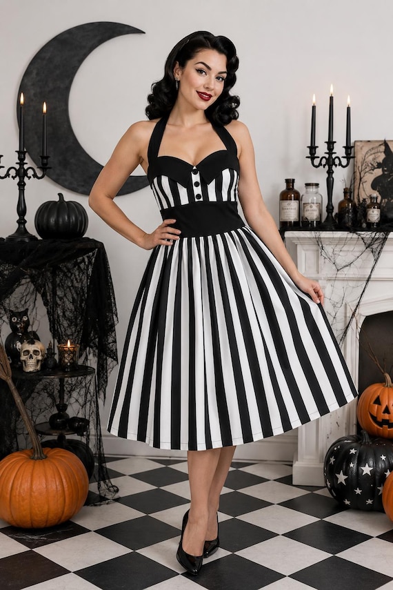 black and white striped dress halloween costume ASHLEY Cotton Swing Dress, Gothic Rockabilly Pirate dress