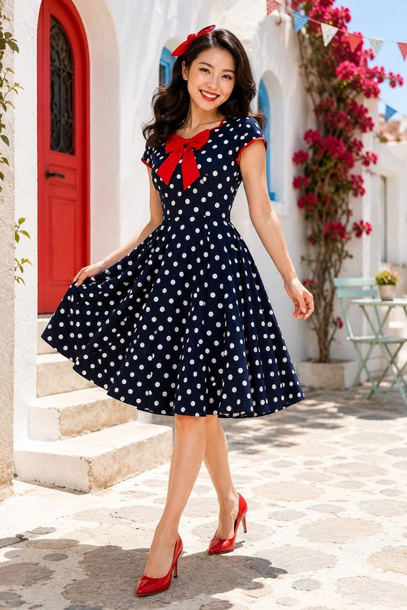 blue dress with red polka dots Navy Dot Swing Dress: Retro Pin up Style, 50s Party Summer Fashion Polo Ralph Lauren Kids' tarah13 Fabric Content Color:Black White Dot retro 70s polka dot dress