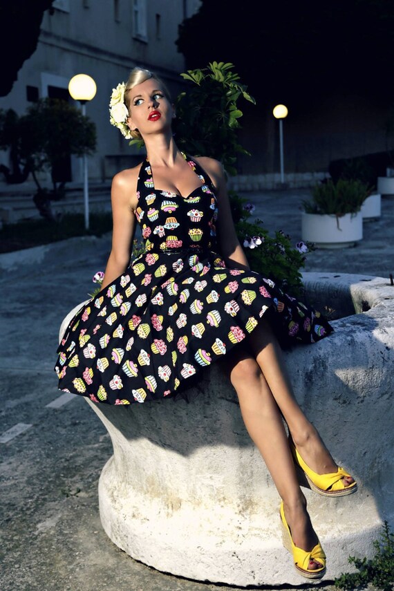 Handmade Cupcake Print Cotton 50s Halter Dress - Rockabilly Party Dress