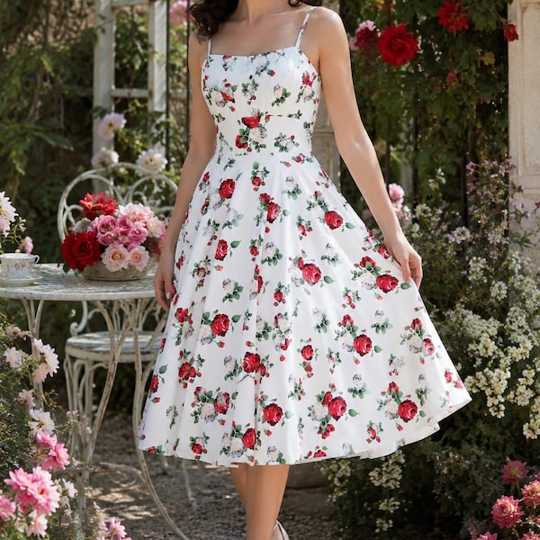 Vintage Rose Floral Swing Dress – 50s Retro Pin Up Style