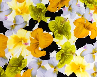 Baumwollstoff mit gelbem Hibiskusmuster – tropischer Blumendruck, Hawaii-Stoff in großen Mengen
