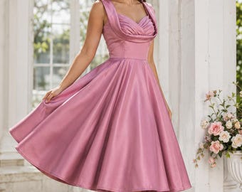 Lady Mayra Elsa Dress: Pink Satin Sweetheart Neckline Circle Skirt (1950s Retro)