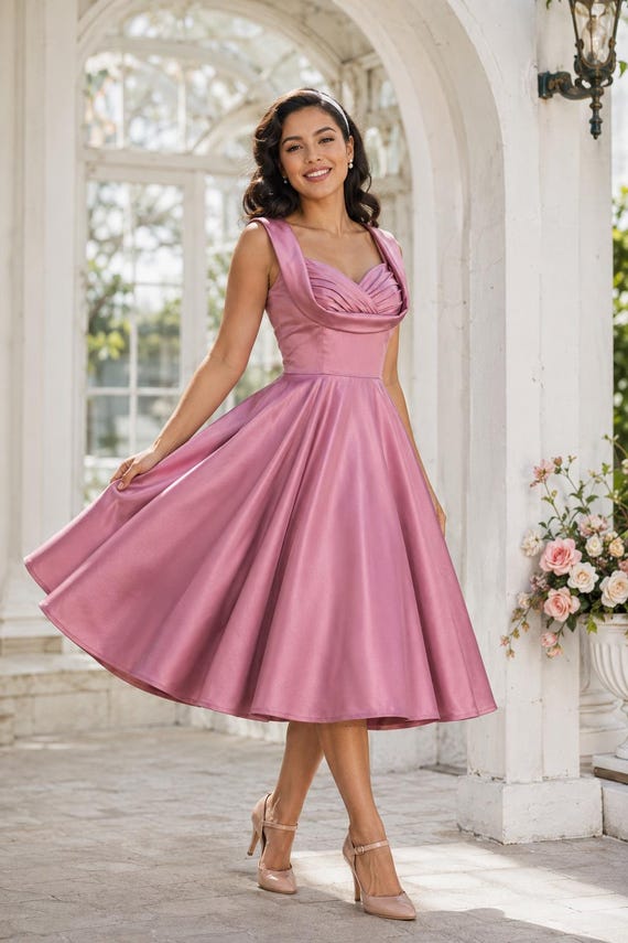 lady mayra dresses Elsa Dress: Pink Satin Sweetheart Neckline Circle Skirt (1950s Retro) colour: gold-sparkle-off-the-shoulder-draped-top-midi-dress