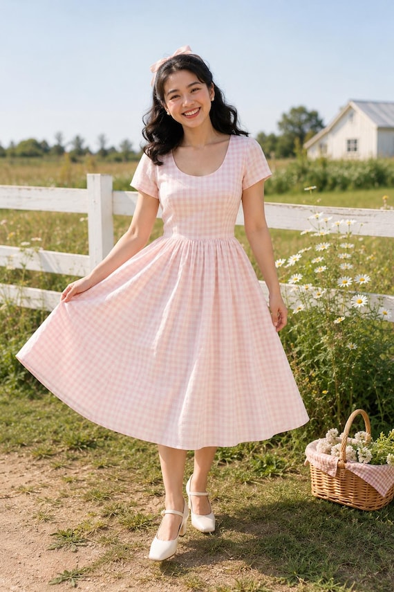 gingham bridesmaid dresses ELLA Pink Dress in Your Choice of Fabric Vintage Dress Dress 50s Party Dress Prom Dress Plus Size Clothing Made to Order Invisible zipper closure