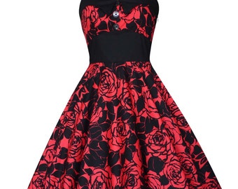 Halloween Kleid Gothic Kleid Rockabilly Kleid Pin Up Kleid 50er Jahre Swing Party Kleid Weihnachtskleid Rotes Rosenkleid Blumenkleid Vintage Kleid