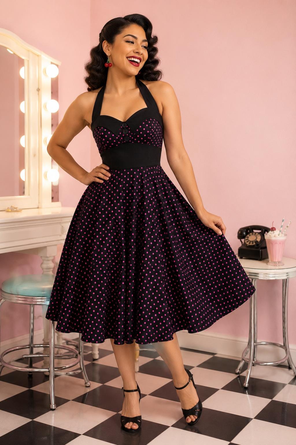 black dress with pink polka dots Dot - Etsy Handmade men's two tone women's maternity workwear Size:18 US (50 EU) Select a size that