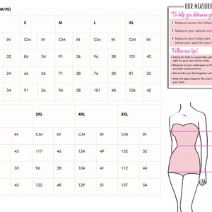 May include: A size chart with bust, waist, and hip measurements in both centimeters and inches. The chart includes sizes XS to 5XL. A measuring guide with tips is also included.