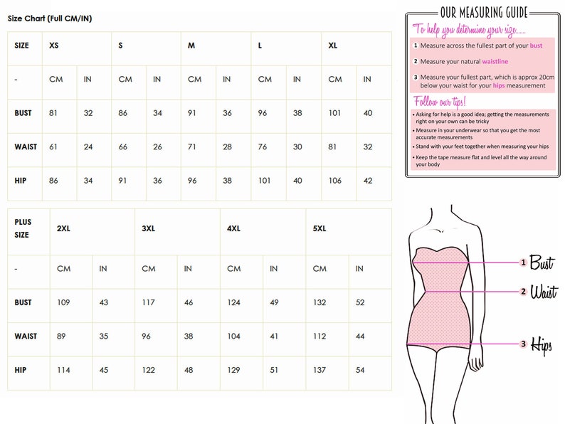 May include: A size chart with bust, waist, and hip measurements in both centimeters and inches. The chart includes sizes XS to 5XL. A measuring guide with tips is also included.