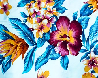 Blue Hibiscus Floral Cotton Fabric - Hawaiian Tropical Print