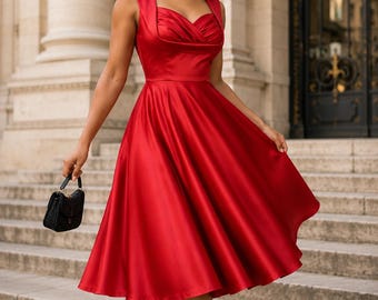 Plus Size Red Satin Cocktail Circle Skirt Dress: 1950s Retro, Handmade