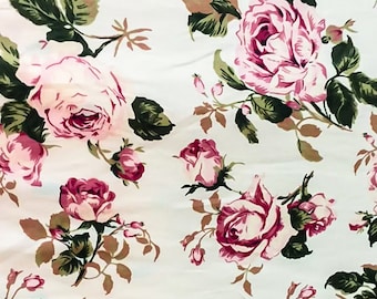 Vintage Rose Floral Cotton Fabric – Pink Roses on Beige, By The Yard
