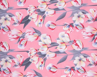 Tela de algodón con estampado de tulipanes rosas – Estampado floral de primavera para costura, ligera y cortada a medida.