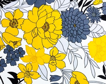 Gelb-blauer Baumwollstoff mit Blumenmuster – Vintage-Stil, große Menge