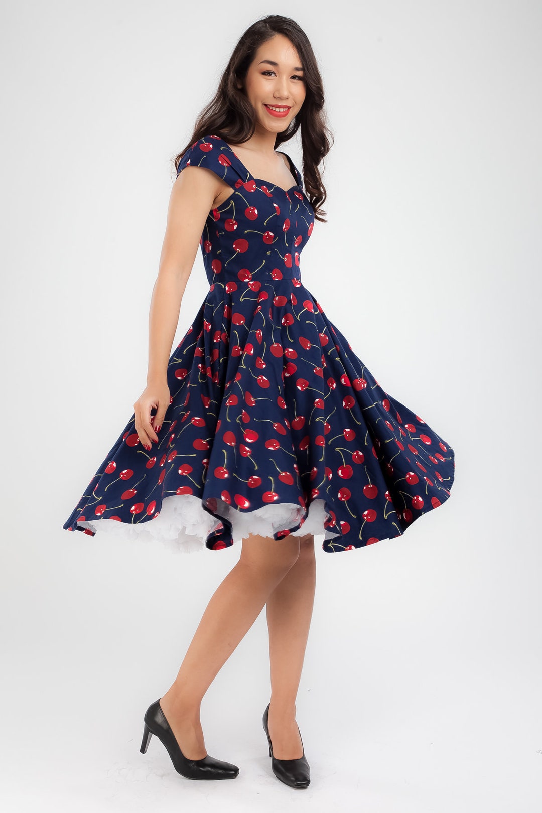 Navy Cherry Dress Cherries Dress 50s Dress Rockabilly Dress Women