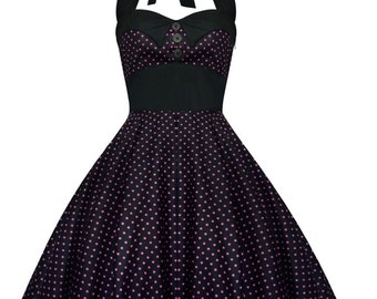 ASHLEY Plus Size Kleid mit schwarzen und lila Punkten, Rockabilly-Stil, Vintage-Neckholder-Pin-up-Kleid, 50er-Jahre-Retro-Gothic-Kleid, Steampunk-Partykleid