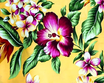 Gelber Baumwollstoff – Rosa Hibiskusblütenmuster, hawaiianischer Tropenstoff, Großpackung
