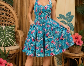 Blue Tropical Floral Halter Swing Dress: 1950s Rockabilly Pin Up Style