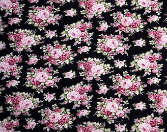 Tessuto di cotone con stampa floreale di rose rosa - Stile vintage, tagliato su misura