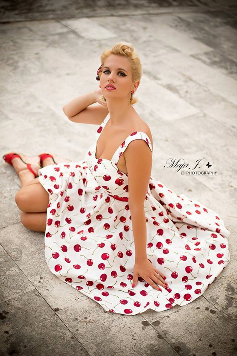 Red Cherry Dress Cherries Dress Summer Dress Rockabilly Clothing Pin Up Dress Fruit Print Swing Dress 50s Dress Retro Dress Red Party Dress