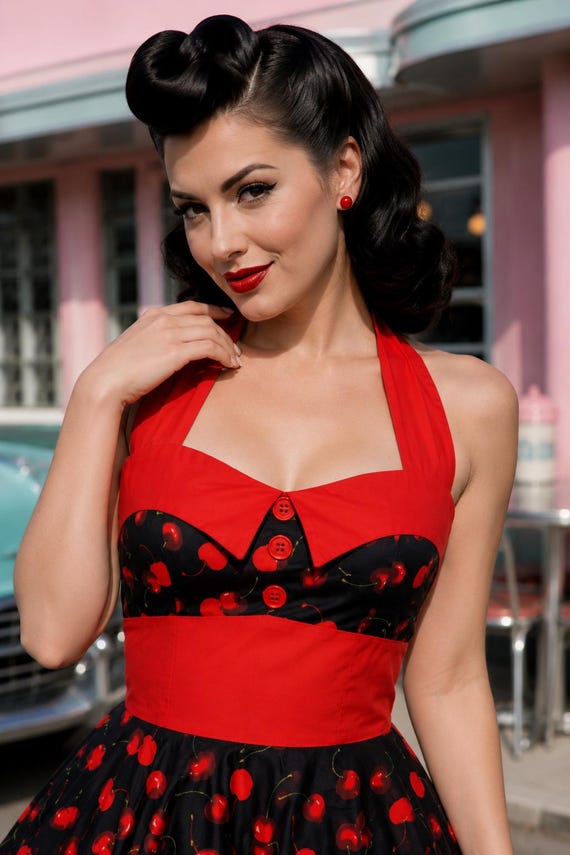 cherry print halter dress ASHLEY Swing Dress: 1950s Retro Rockabilly Cotton Style WEDDING GUEST
