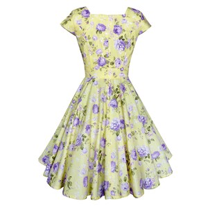 May include: A pale yellow dress featuring a vibrant purple floral pattern with green leaves. The garment has short cap sleeves, a square neckline, a fitted bodice, and a flared, knee-length skirt that creates a full, voluminous silhouette.
