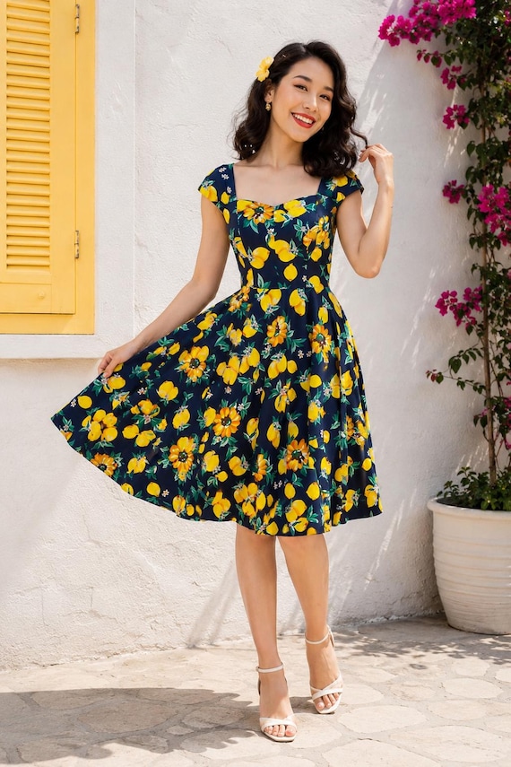 lady mayra dresses AIDA Lemon Print Swing Dress – 1950s Retro Cotton Summer Party Frock pre-fall-2025