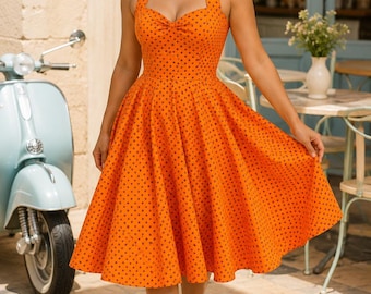 Orange Polka Dot Halter Neck 50s Swing Dress – Cotton Retro Pin Up Style