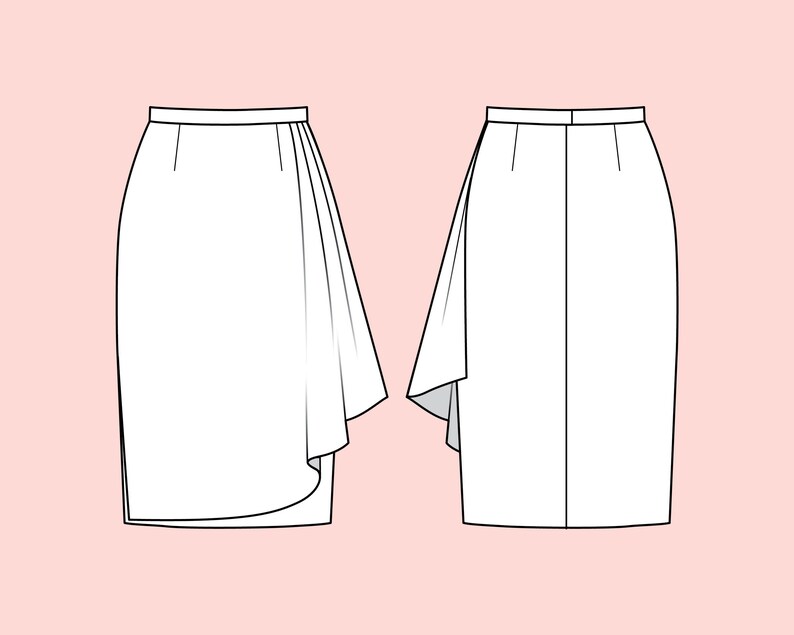 May include: Two views of a white pencil skirt with an asymmetrical draped overlay. The skirt design features a high waist and a knee-length hemline. The background is a solid light pink color.