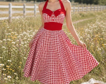 ASHLEY Red Gingham Swing Dress: 1950s Rockabilly Halter Cotton Style