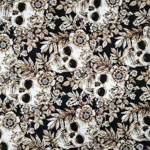 Skull and Roses Fabric 100% Cotton Halloween Brown on Black Floral Vintage Fabric by the Yard - Ideal for Quilting, Sewing, Apparel & Crafts