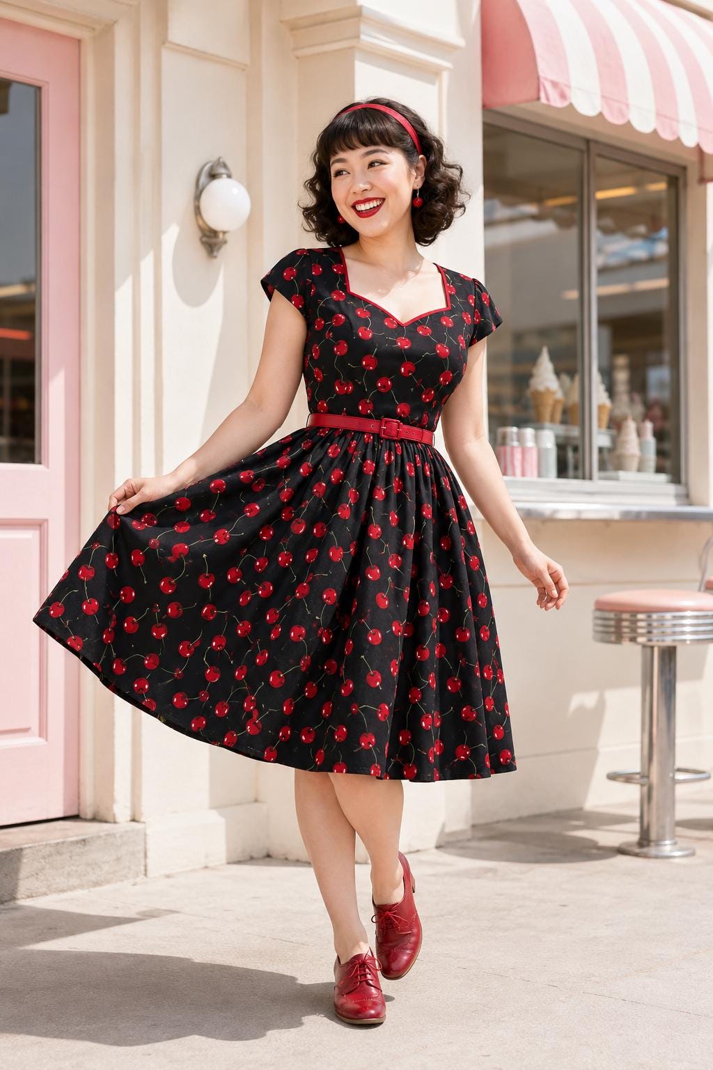 cherry retro dress Cherry Print Swing Dress: 50s Style Cotton Party Dress