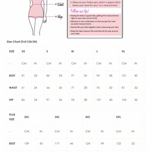 Puede incluir: Una tabla de tallas con medidas en cent&iacute;metros y pulgadas. La tabla incluye medidas de busto, cintura y cadera para las tallas XS a 5XL. Tambi&eacute;n se incluyen instrucciones sobre c&oacute;mo medir, con un diagrama de una persona.