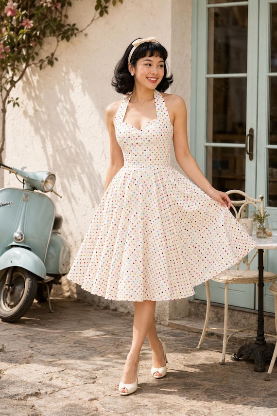 cotton swing dress women Multicolor Polka Dot Halter Neck – Retro 50s Style Party Sundress classy vintage dresses Women Invisible Bra Deep red rose gown Available in sizes S size:XLARGE