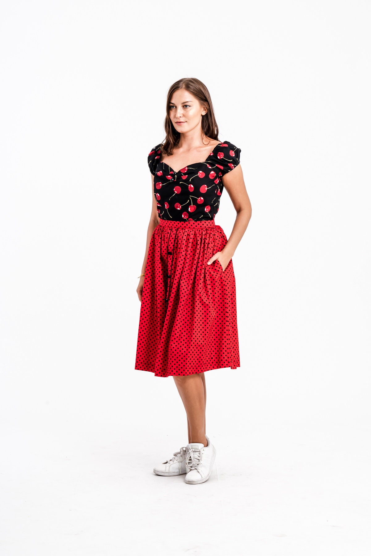 Red Polka Dot Skirt Black Buttons Women Gathered Skirt Etsy