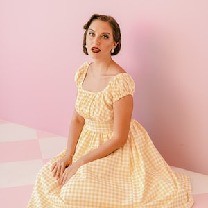 Midi Dress Yellow Gingham Dress Checker Dress Plaid Dress Vintage Sundress 70s Women Summer Dress Retro Dress 50s Pin up Dress Swing Dress