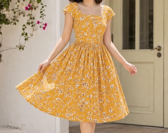 ANNA Yellow Vintage Dress 50s Dress Yellow Dress Floral Dress 70s Midi Dress Retro Dress Summer Dress Pin up Dress Yellow Bridesmaid Dress