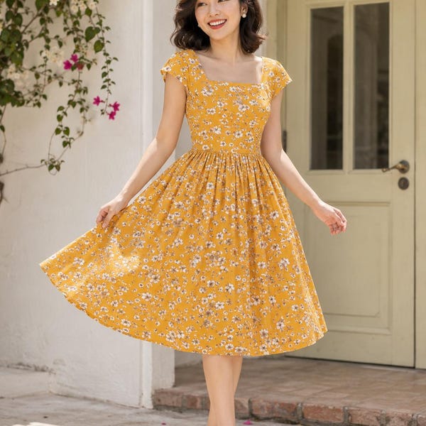 ANNA Yellow Vintage Dress 50s Dress Yellow Dress Floral Dress 70s Midi Dress Retro Dress Summer Dress Pin up Dress Yellow Bridesmaid Dress