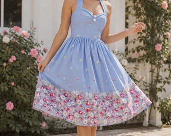 Blue Floral Halter Dress: 1950s Retro Cotton Circle Skirt Party Sundress