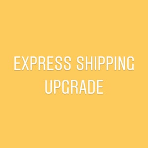 May include: A yellow background with the white text "EXPRESS SHIPPING UPGRADE". The text has a drop shadow effect, creating a 3D appearance. The image is simple and clean.