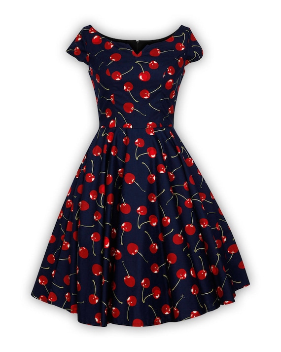 Navy Cherry Dress Red Cherries Retro Dress 50s Dress Summer Dress Holiday Dress Vintage Dress V Neck Dress Pin up Dress Swing Dress Dress Etsy UK