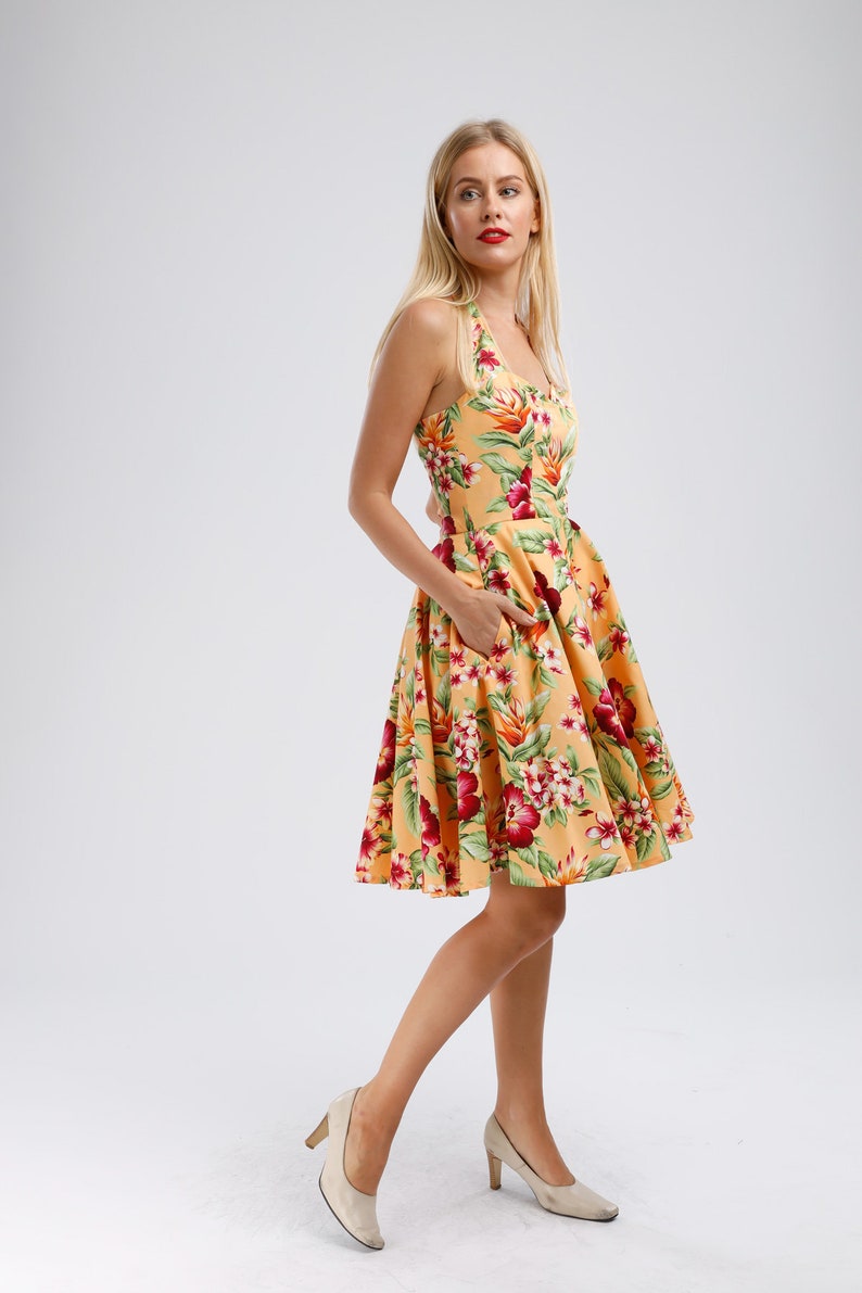 Hell Bunny Tropical Vacation Hawaiian Flower Print Yellow Summer Dress main image 1