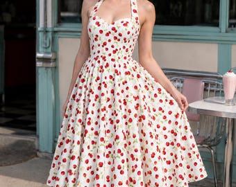 Strawberry Print Cotton Swing Dress: 50s Retro Halter Neck Sundress