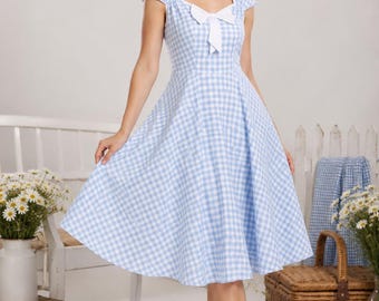 BOWIE blauw geruite jurk uit de jaren 50 met cirkelrok – Lady Mayra Clothing