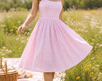 Pink Gingham Dress Pink Checker Dress Pink Bridesmaid Dress Prom Dress 50s Pinup Dress Swing Dress 70s Women Summer Dress Retro Plaid Dress